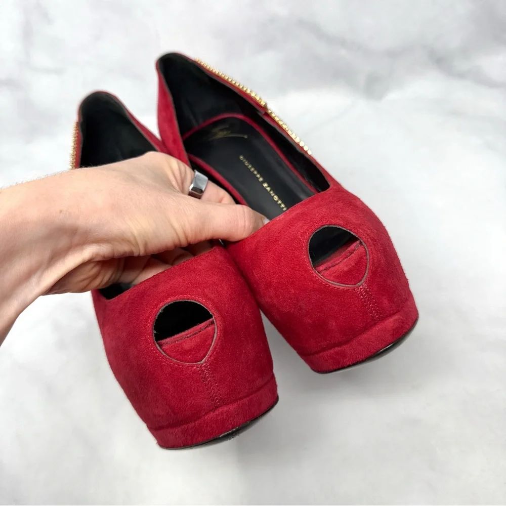 Giuseppe Zanotti Sharon Rhinestone Lightning Bolt Suede Platform Heels Red 38 - Picture 6 of 15